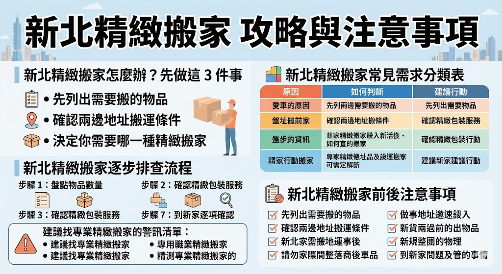 想找新北精緻搬家,先別只看價格,包裝防護、家具拆裝、搬運動線與報價細節都要一起確認。本文整理新北精緻搬家常見需求、排查流程、專業搬家警訊與搬家前後注意事項,幫助你判斷適合哪種精緻搬家服務,降低家具刮傷、現場加價與搬運延誤風險。
