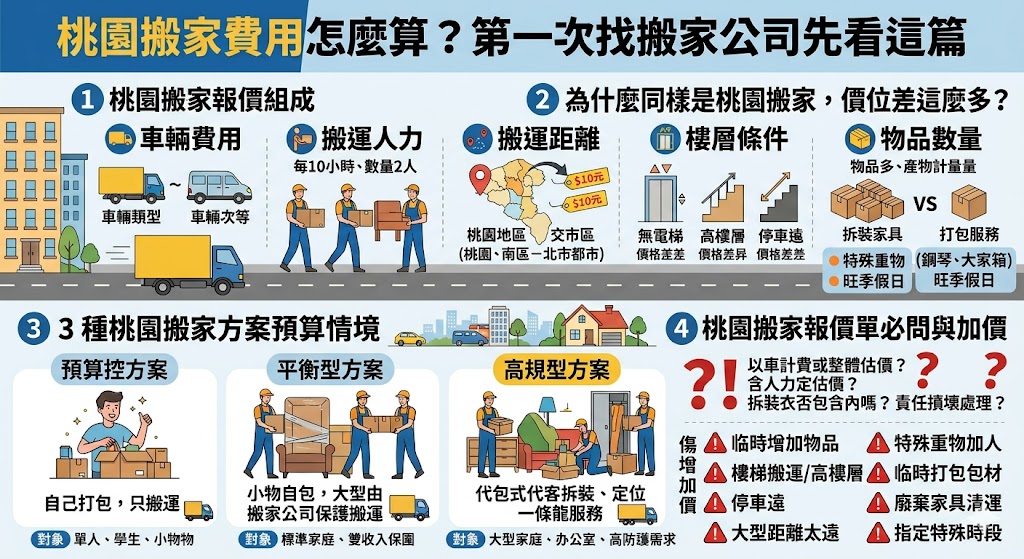 桃園搬家費用會依物品數量、車趟、人力、樓層、有無電梯、家具拆裝與搬運距離而不同。第一次找桃園搬家公司時，建議先了解報價單包含哪些項目，避免搬家當天才被追加費用。本文整理桃園搬家費用組成、影響報價因素、預算選擇與必問問題，幫助你快速判斷合理方案並安心詢價。