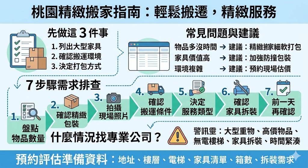 桃園精緻搬家適合重視家具防護、打包整理與搬後定位的人。本文整理桃園精緻搬家前要先做的 3 件事、常見問題分類、7 步驟排查流程與注意事項,幫助你搬家前確認物品清單、搬運環境、包裝需求與專業搬家公司選擇重點,降低臨時加價與搬運風險。