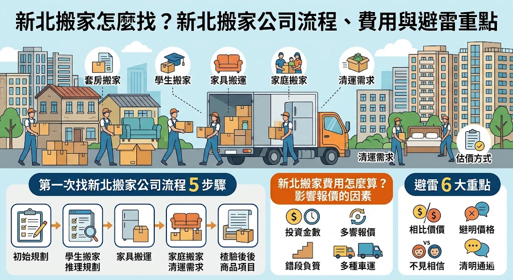 正在找新北搬家服務嗎?不論是家庭搬家、套房搬家、學生搬家、辦公室搬遷,選對搬家公司都很重要。新北搬家費用會受到物品數量、樓層、電梯、搬運距離與是否需要打包拆裝影響,建議先確認服務範圍、估價方式與搬運流程,避免只看低價而忽略品質,讓搬家過程更順利安心。