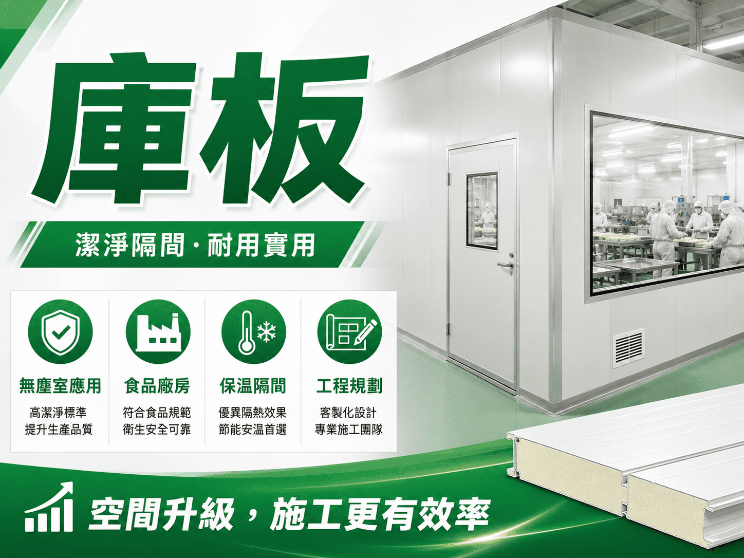 庫板是一種常見於冷凍冷藏、食品加工、工廠隔間