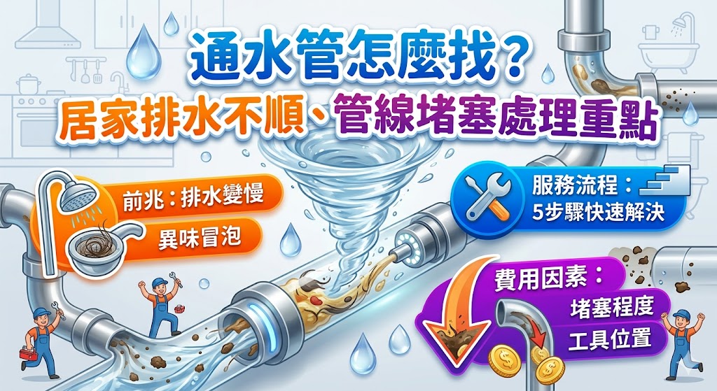 通水管是居家、店面與辦公室常見的管線維修需求,當廚房水槽、浴室地排、馬桶、陽台或洗衣機排水出現變慢、回流、異味或積水時,就可能需要安排通水管服務。選擇通水管廠商時,建議先確認堵塞位置、施工方式、費用影響因素與是否能說明後續保養,避免只看低價而忽略處理品質。本文整理通水管流程、費用判斷、廠商挑選與常見問題,幫助你快速掌握處理方向。