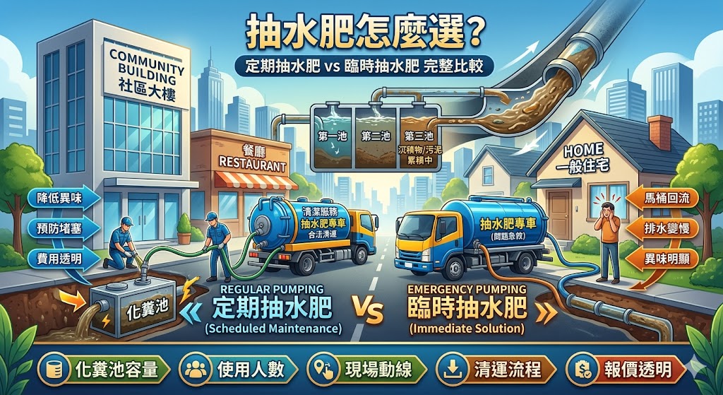 抽水肥是維持化糞池與排水系統正常運作的重要服務,透過定期抽水肥可降低堵塞、異味與污水回流風險。本文整理抽水肥費用、流程、定期與臨時服務差異,並說明一般住宅、社區大樓、餐廳店面如何依使用量、預算與現場狀況選擇合適方案,幫助使用者快速判斷何時需要安排抽水肥,避免等到排水異常才緊急處理。